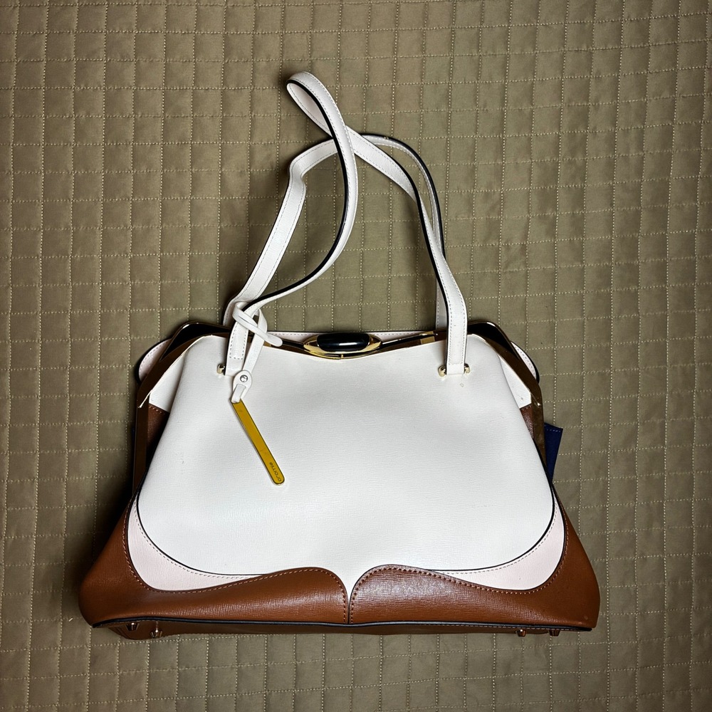 Cromia Italy Leather Handbag White Brown Satchel Frame Bag Saffiano